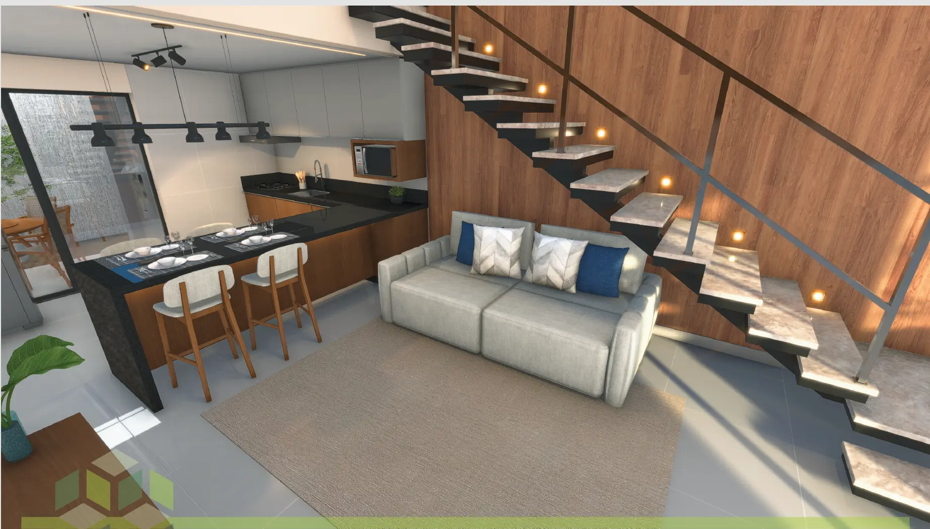 Projeção do empreendimento: Cozinha integrada e living
