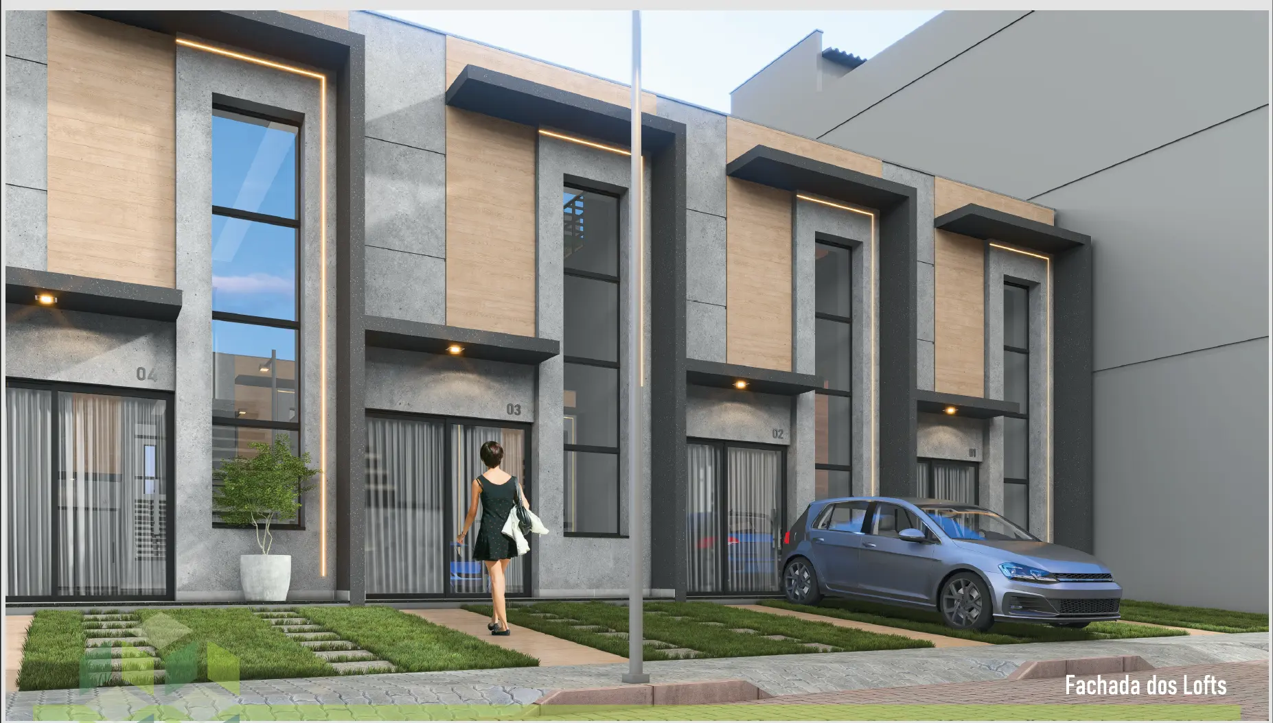Projeção do empreendimento: Fachada dos lofts — acesso individual